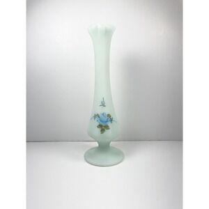 Vintage Fenton Custard Satin Swung Glass Bud Vase Hand Painted Signed